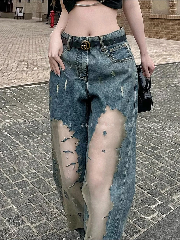 Women Mesh Patchwork Y2k Jeans Harajuku Oversize Denim Trousers Y2k Jean Pants Vintage Japanese 2000s Style Trashy Clothes 2024