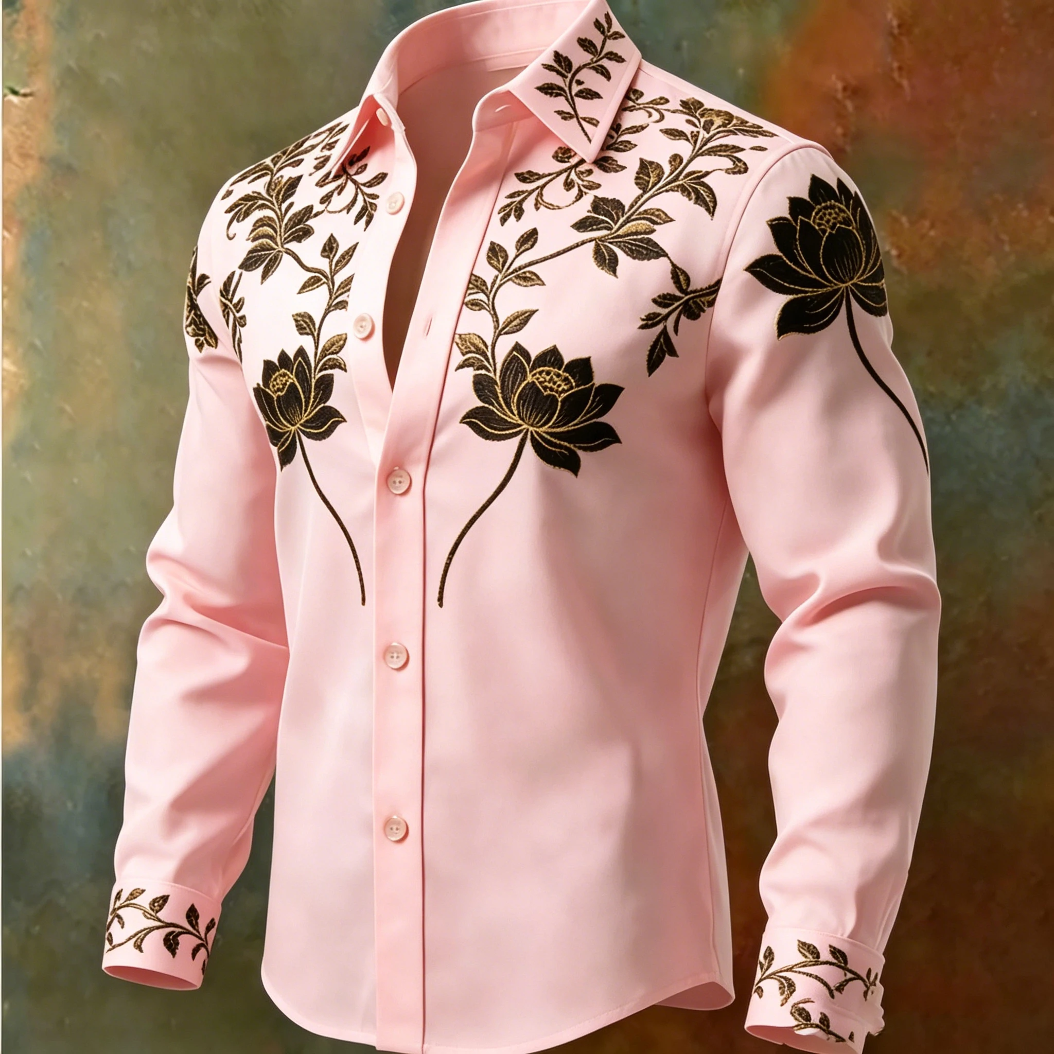 Men's luxury gold thread lotus embroidery long sleeved shirt with satin texture, lapel button, casual formal shirt