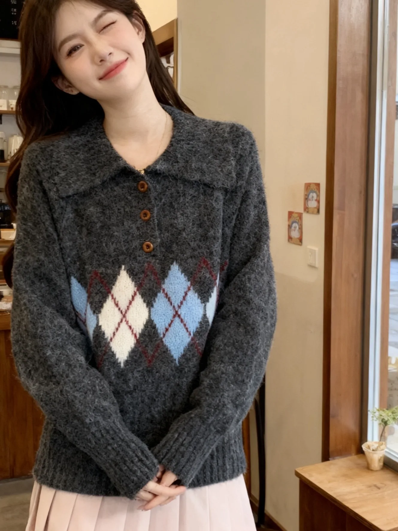 

Свободный корейский женский вязаный свитер, повседневный утягивающий топ с ромбовидным узором, осень-зима