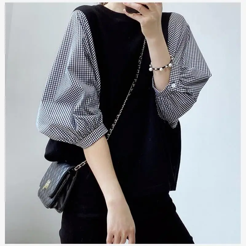 Loose Oversized T-irt with Button Plaid Patchwork Design round Ne ort Sve Summer Top for Women Commute Sle