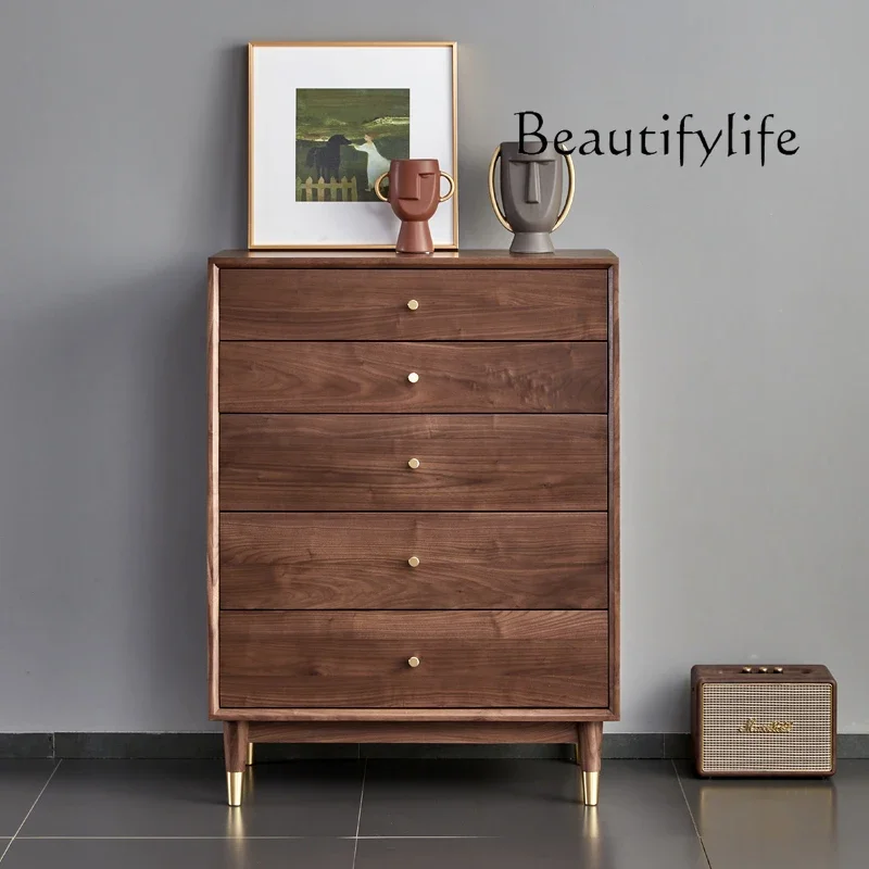 

muebles para hogar Nordic Black Walnut Five-Drawer Wooden Chest of Drawers Simple Modern Drawer Storage Side Cabinet Japanese St