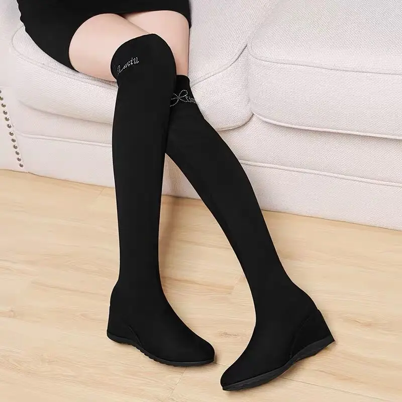 Black Above Over The Knee Thigh High Shoes for Woman Women\'s Boots Elastic Wedge Heel Footwear Waterproof Trend 2024 Y2k Gyaru