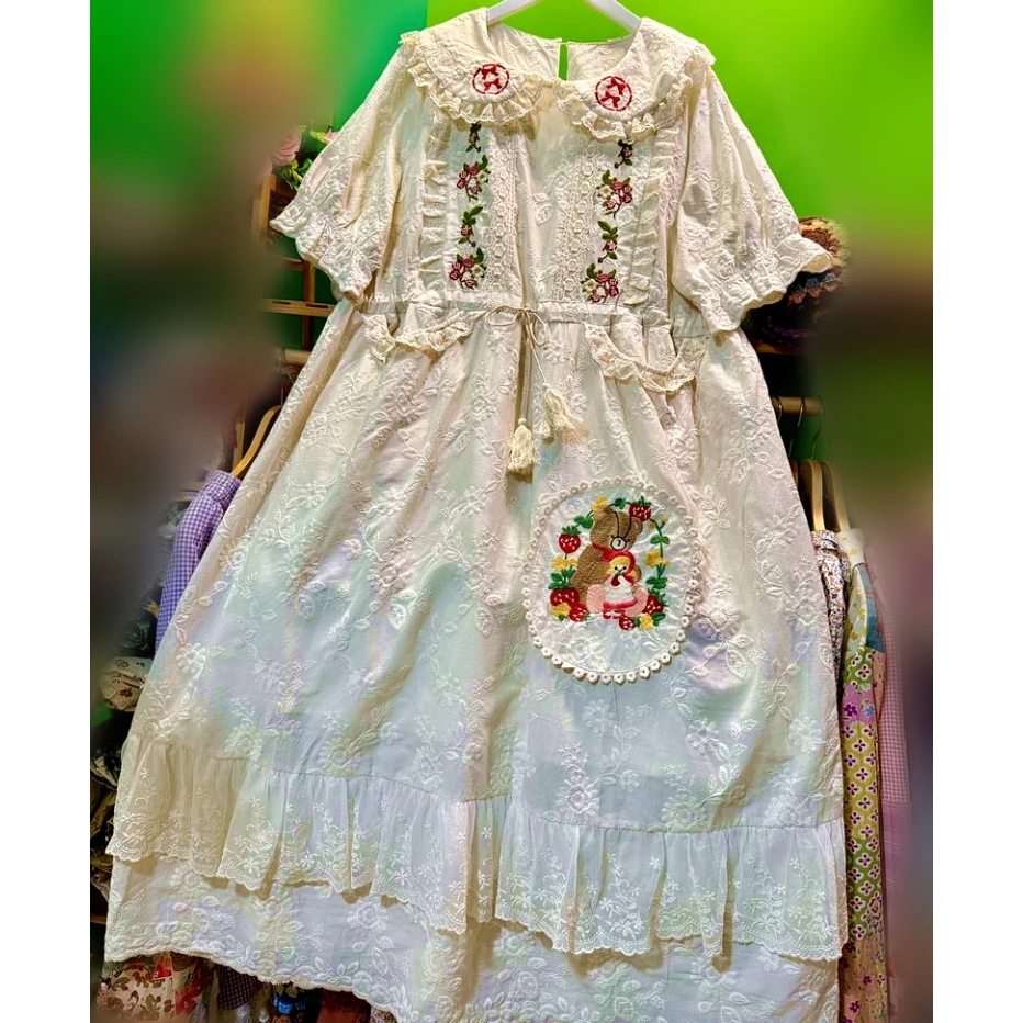 

Vintage Cotton Cottagecore Goblincore Floral Embroidery Lace Sweet Cute Long Dress Japanese Harajuku Rococo Summer Midi Dress