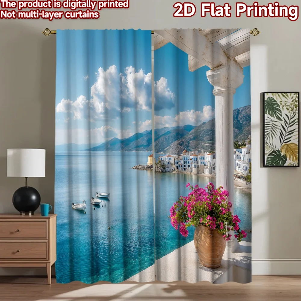 2D flat 2pcs Curtain Country Style Greek Seaside Balcony View Digitally printed polyester Birthday Party Use for Holiday Home