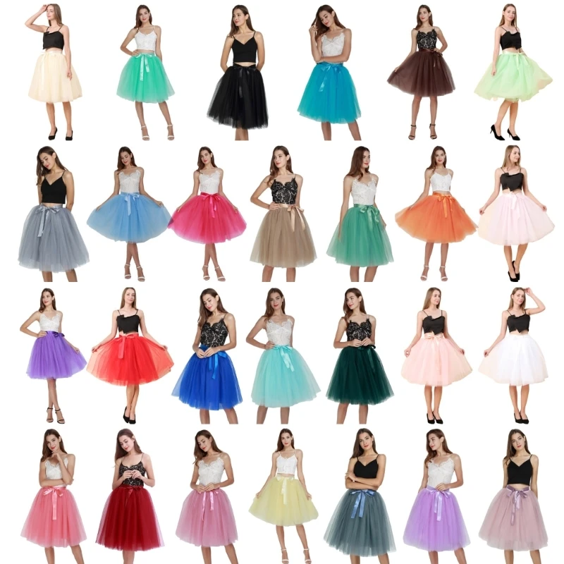 

Women's Dance Tulle Skirt Lady Elastic High Waist Layered Pleated Mesh Midi Skirt Solid Color Tutu Skirt Bridesmaid Petticoat