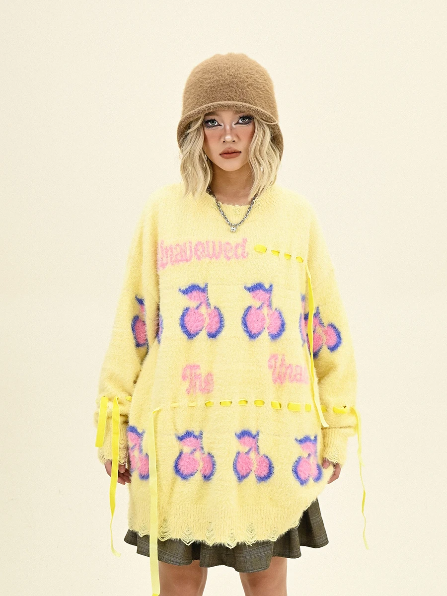 Dopamine Cherry Crew Neck Sweater Women's 2024 Winter New Loose BF American High Street Knitting Tide image 2