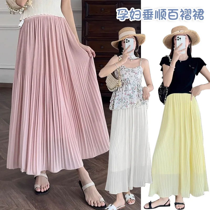 

2025 Summer Maternity Skirt: Flowy Pleated Maxi with Elastic Waist - Lightweight & Breezy Pregnancy Wear Without Belly Band