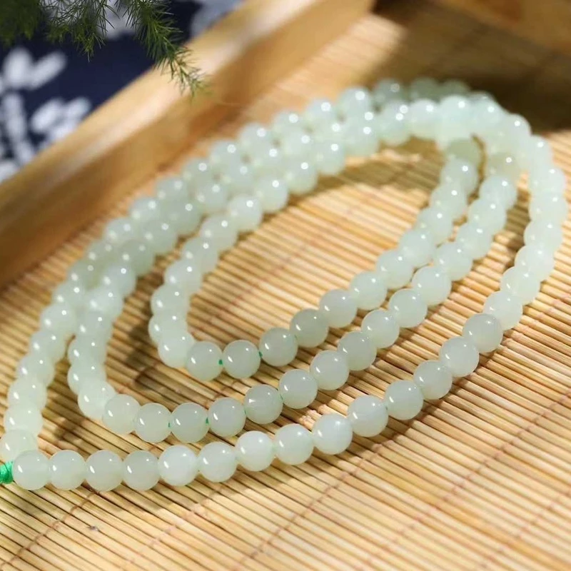 

Natural Hotan Jade Qemuo Blue Old Material Plain Bead 108-String Necklace, Multi-use Women