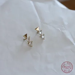 925 Sterling Silver Plated 14K Gold Korean Geometric Triangular Zircon Earrings for Women Small Exquisite Everyday Jewelry