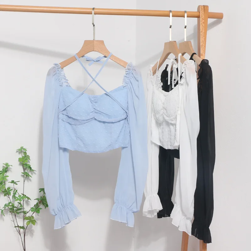 

Короткая блузка со складками в горошек, летняя женская блузка с разрезом на шее и длинными рукавами, с лямкой на шее, с эластичной резинкой на талии, модный французский пляжный топ