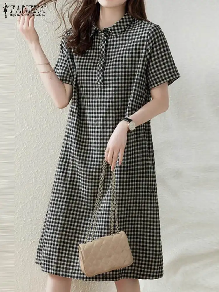 ZANZEA Women Plaid Long Shirt Dress 2024 Summer Short Sleeve Midi Dress Fashion Office Lapel Neck Robe Casual Loose Lady Vestido