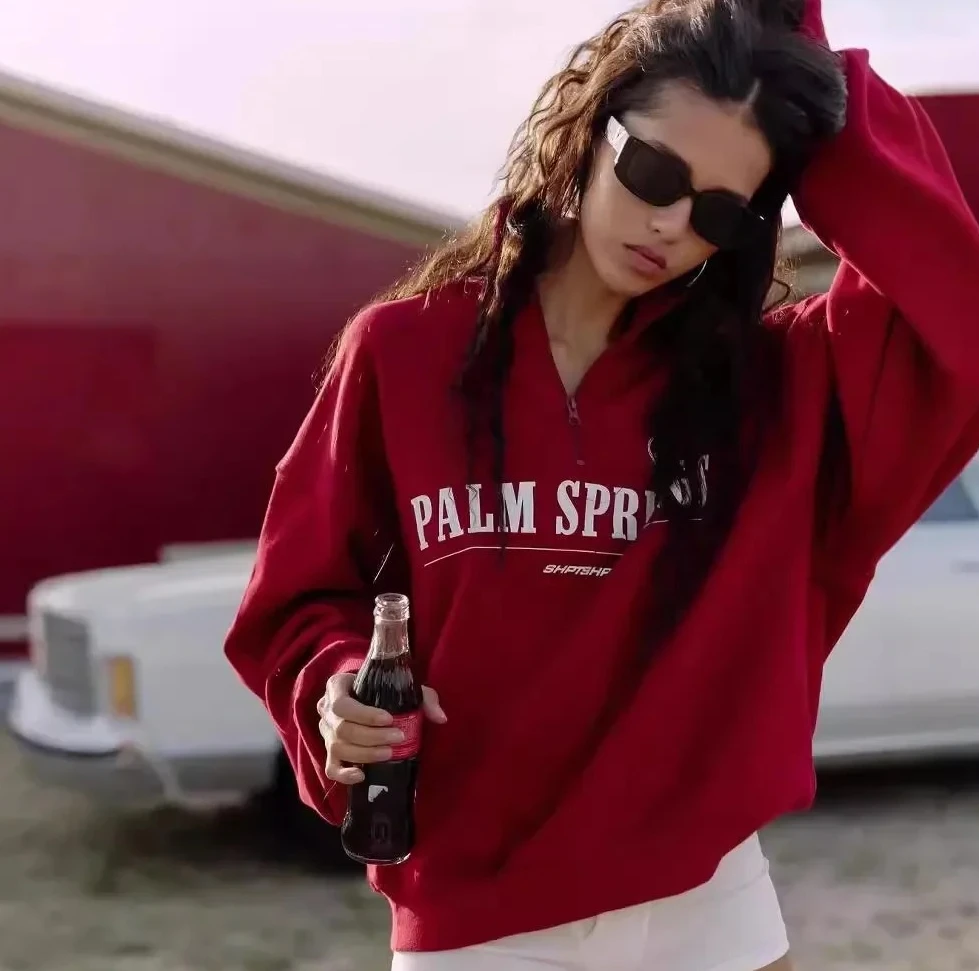 هوديس المرأة إلكتروني طباعة البلوز هوديي الأحمر الياقة المدورة نصف سستة طوق البلوز القمم K البوب الملابس Y2k