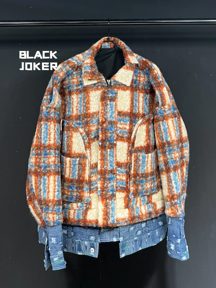 

BLACK JOKER Original design Orange-yellow checkered terry coat Denim splicing jackets Unisex tops winter padded jackets