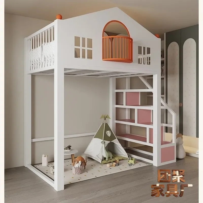 Space Saving Wrought Iron Loft Bed with Desk Underneath Small Apartment Duplex Style Elevated Bunk Bed for Home Office