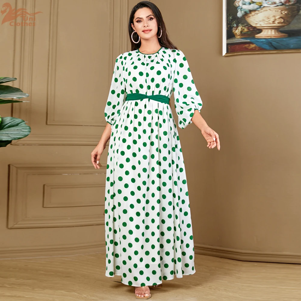 Uni Printing Abayas For Muslim Woman O-neck A-Line Lantern Sleeve Dresses With Belt Moroccan Islamic Dubai Stylish Robe