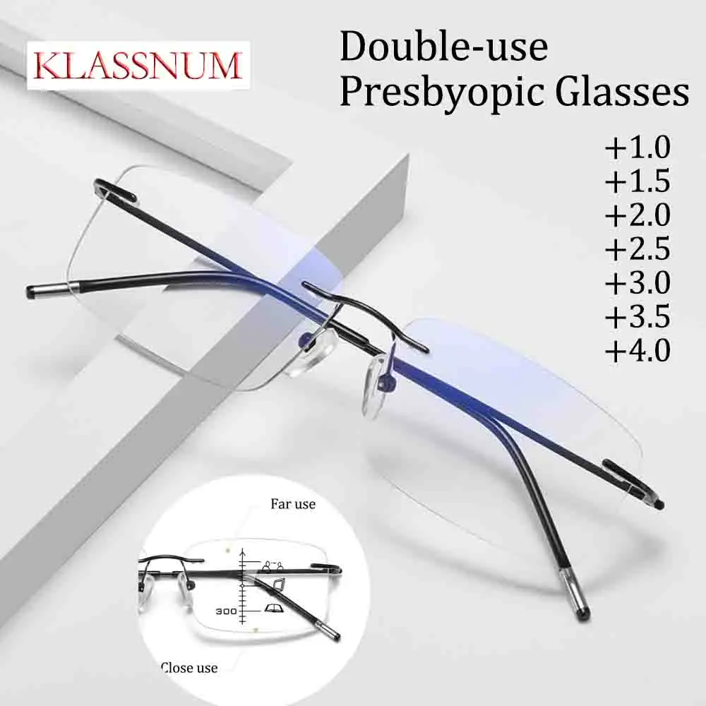 KLASSNUM Automatic Zoom Advance Gradually Multifocus Far and Near Double-use Presbyopic Glasses Men Frameless Blue light glasses
