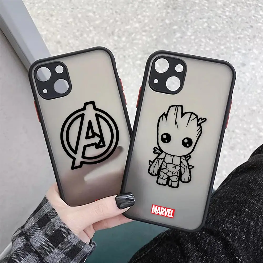 Marvel Avengers Logo Matte Coque Case For iPhone 15 14 13 12 11 Pro Max Mini 7 8 15 Fundas Shockproof Clear Cover Iron man Groot