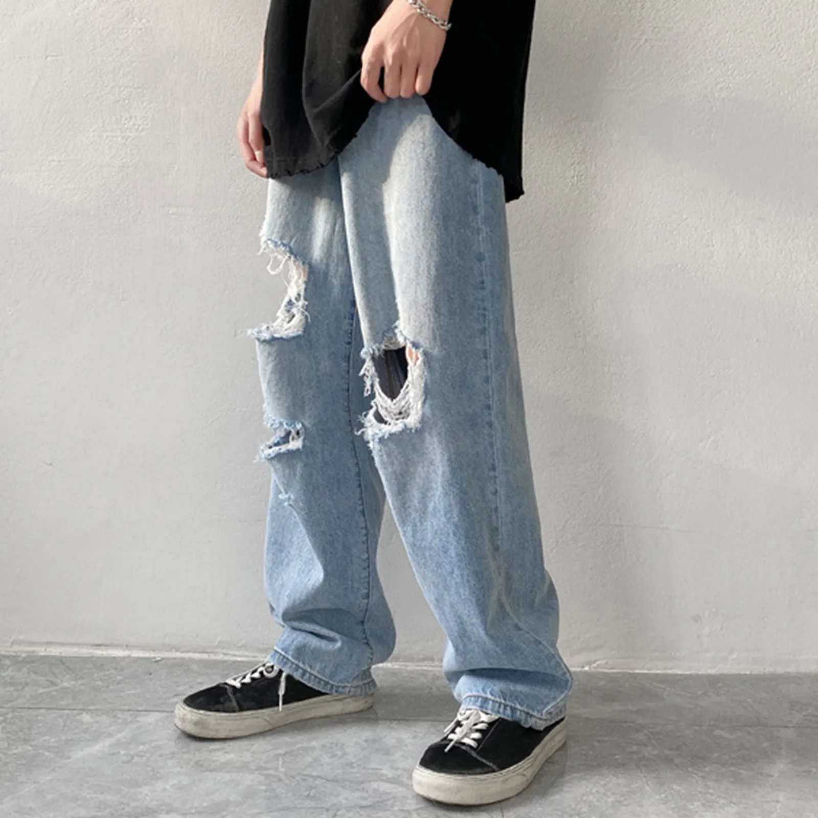 Men's Ripped Jeans Hole Wide Leg Straight Jeans Trousers 3XL Plus Size Denim Pants Loose Harajuku Streetwear Mens Grunge Clothes