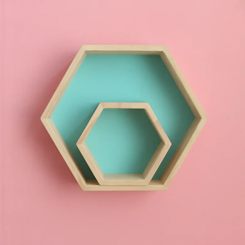 Hexagonal Wall Ornaments Storage Rack Wooden Decorative Shelf Storage Rack Crafts Ornaments Holder Wall Hanging Decoration