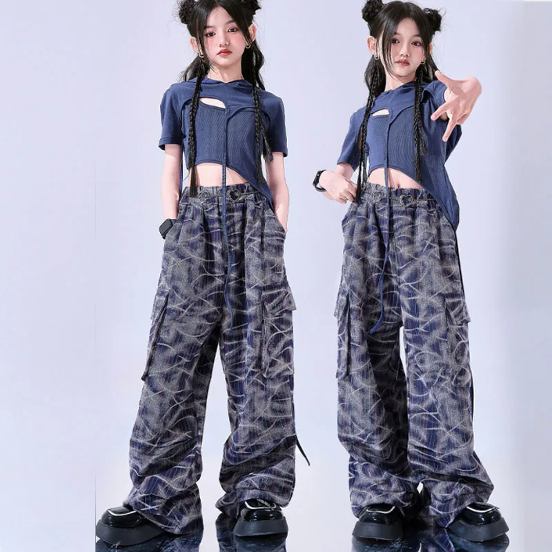Meninas k-pop colheita topo impressão joggers calças menina grupo conjuntos de roupas crianças jazz trajes de dança de rua crianças hip hop streetwear