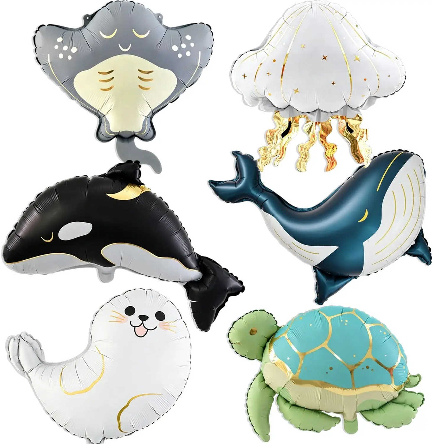 6 Stück Unterwasser-Tierballons, Meeresbewohner, Mantarochen, Quallen, Killerwale, Blauwal, Meeresschildkröte, Folienballons, Dekorationen