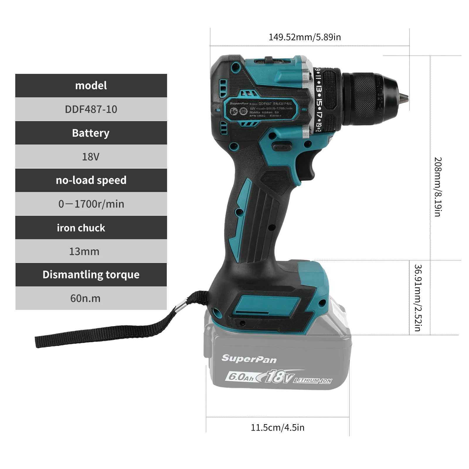 Superpan DDF487 Electric Cordless Driver Drill Brushless Impact Screwdriver Rechargeable Tool For makita 18v Battery specs
