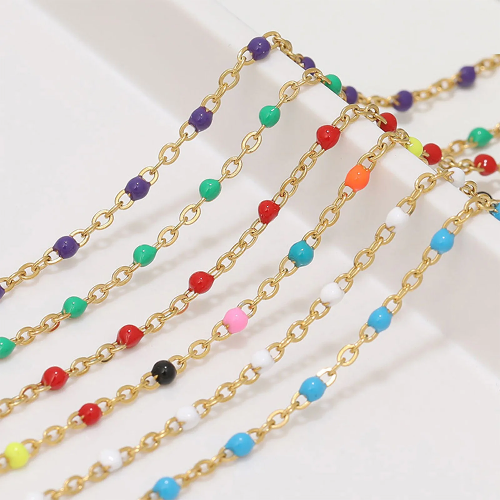 1pc Simple Stainless Steel Bracelets Multicolor Beaded Link Cable Chain Gold Color Metal Chains For Women Jewelry Gift 17cm Long