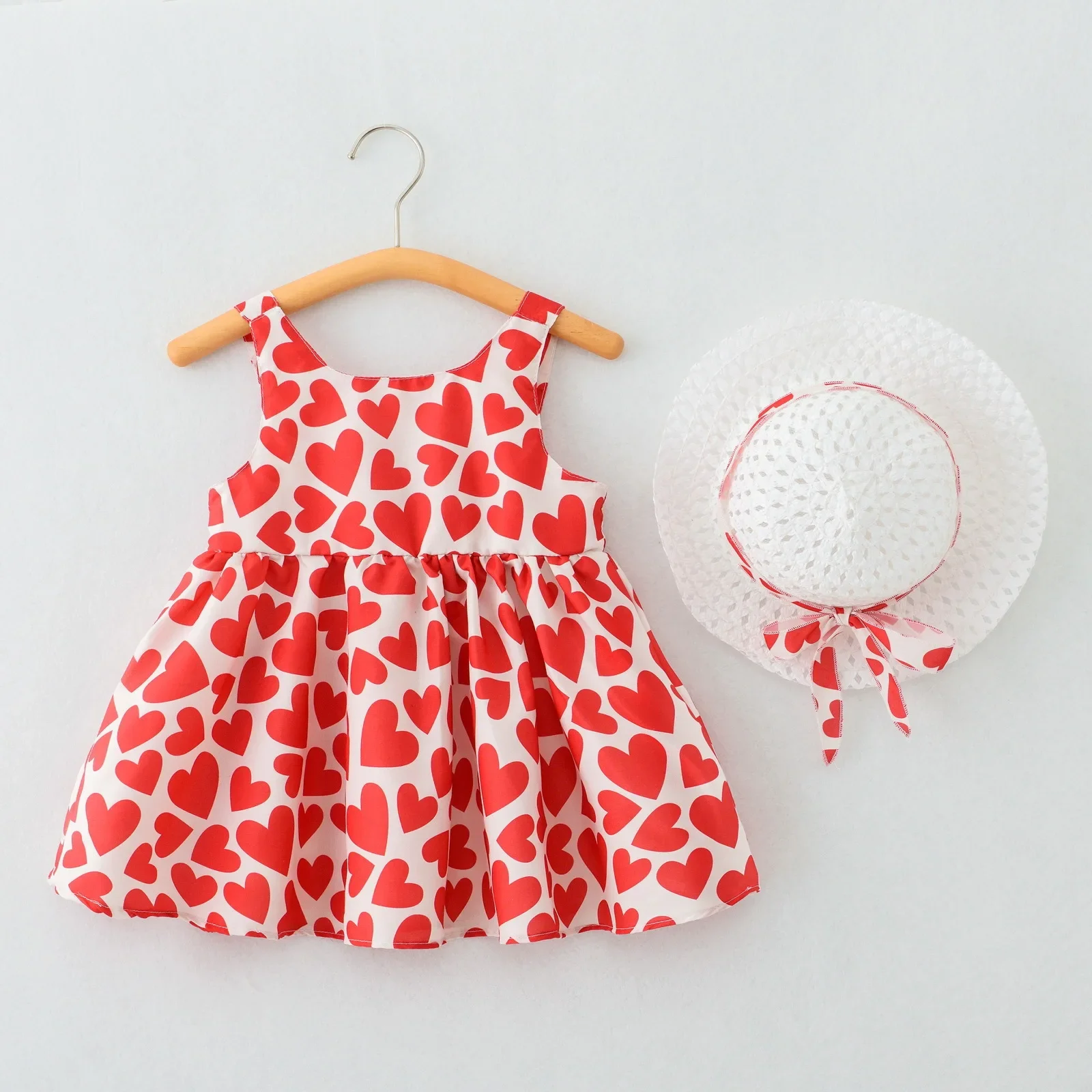 

New Girls Summer Thin Beach Dress Kids Cute Cartoon Heart Print Sleeveless Princess A-line Dresses Sundress + Bowknot Sunhat