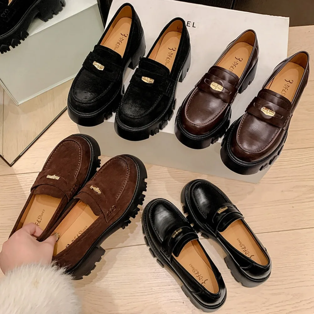 2024 New Shallow Mouth Casual Woman Shoe Slip-on Autumn Oxfords Female Thick Soled Suede Loafers British Style Platform Footwear