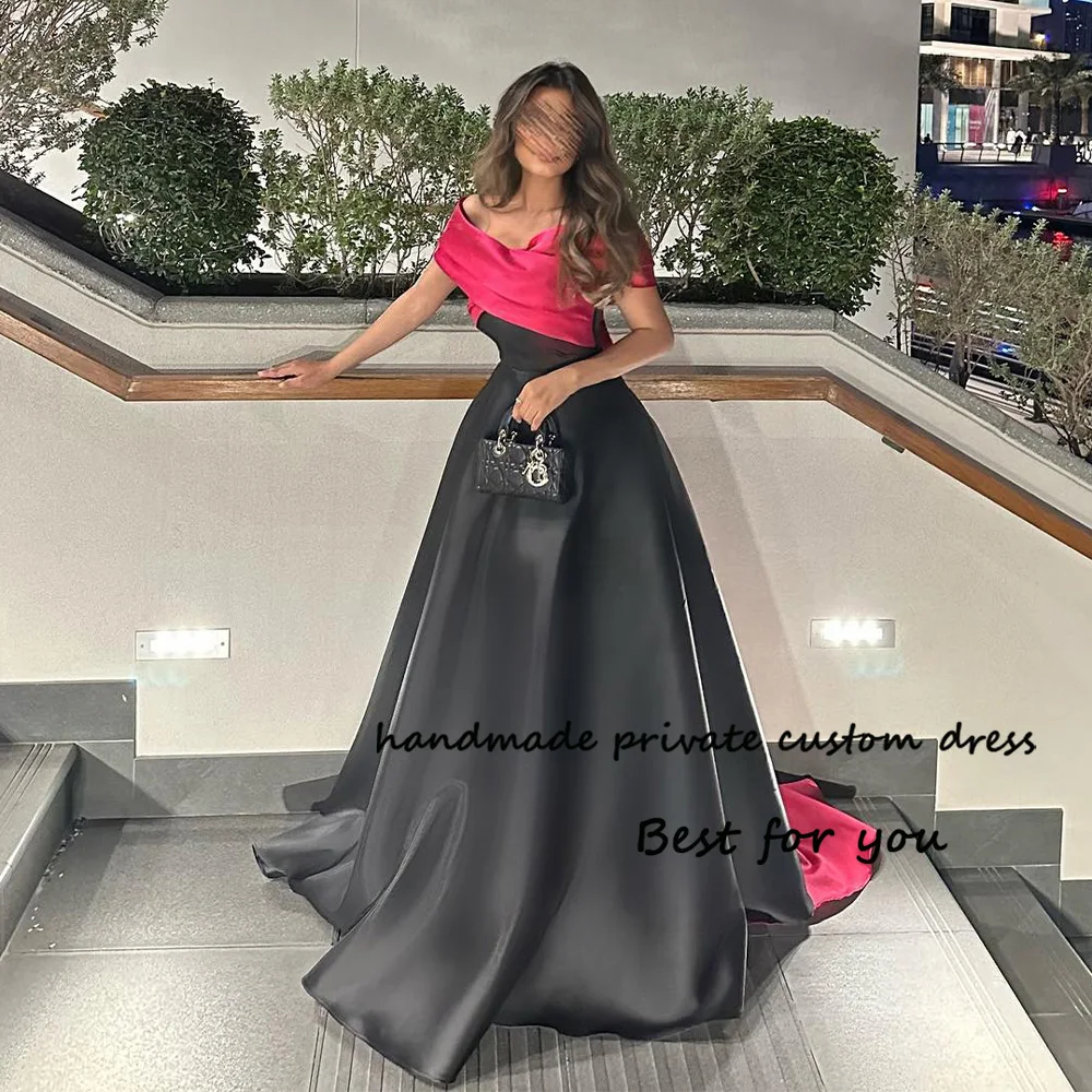 

Arabic Dubai Evening Party Dresses Off Shoulder Black Fuchsia Satin A Line Formal Prom Dress with Train Long Evening Gowns