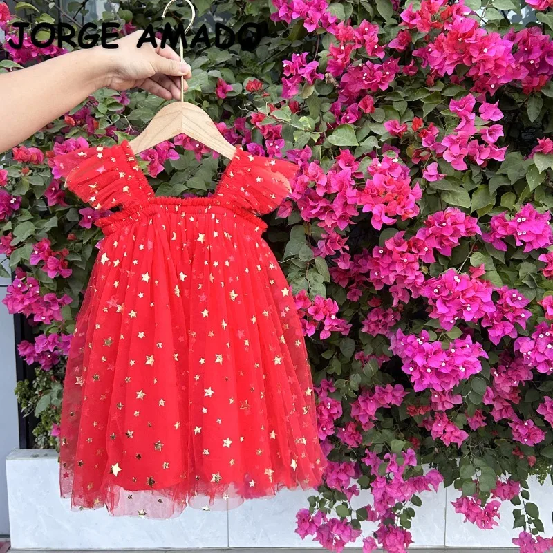 Girls Christmas Tulle Tutu Dress Kids Ruffle Off Shoulder Star Snowflake Print Dress Children Xmas Holiday Party Dresses A2611-4