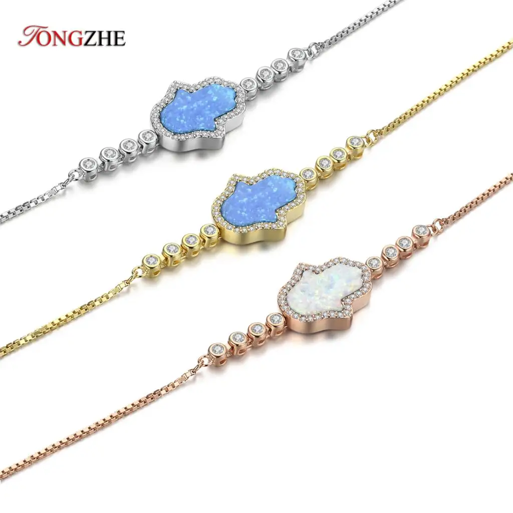 

TONGZHE Genuine 925 Sterling Silver Bracelets Hamsa Hand of Fatima Blue White Opal MOP Eye Charm Bracelets Adjustable Jewelry