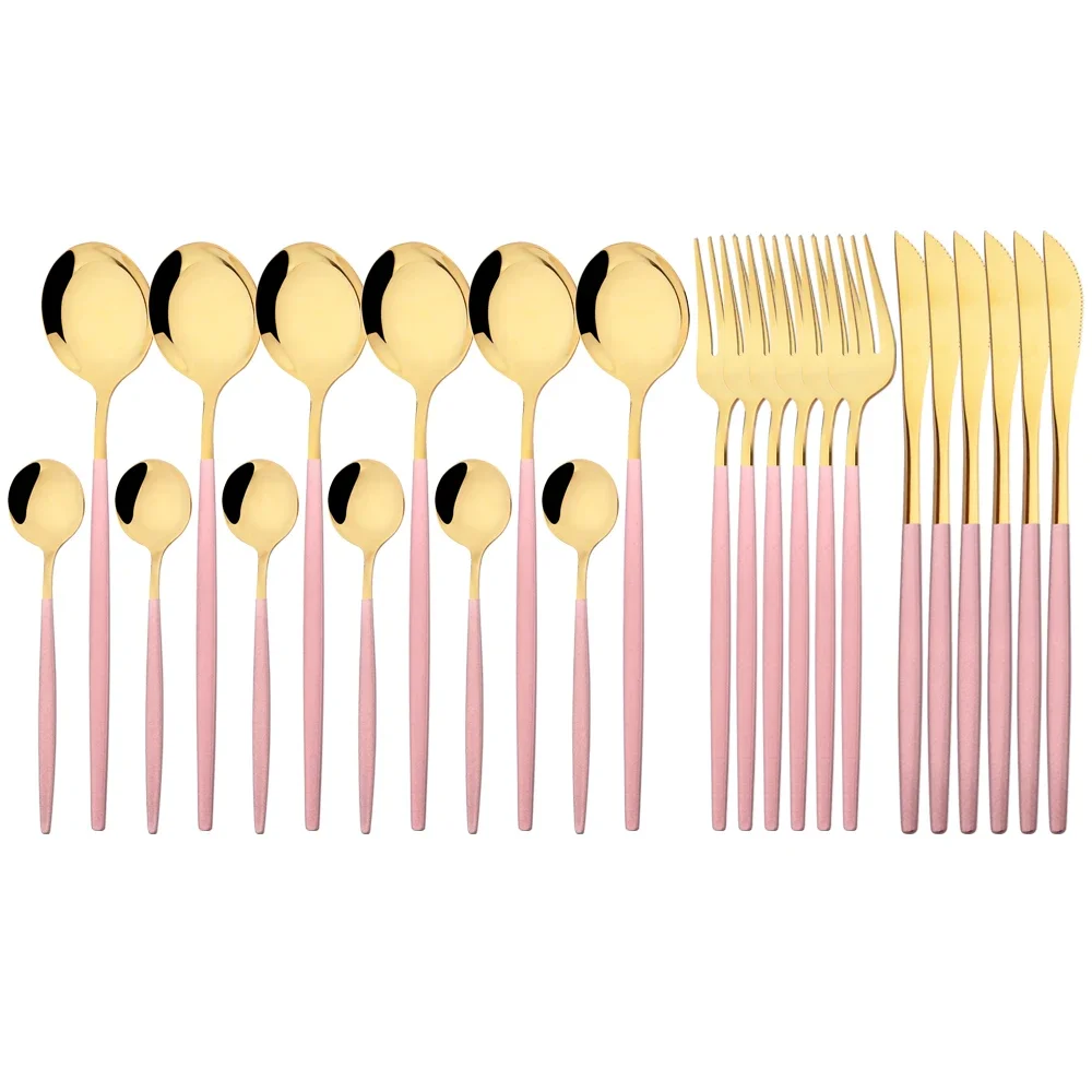 24Pcs Stainless Steel Cutlery Set Pink Gold Tableware Mirror Dinnerware Dinner Spoon Fork Knife Western Silverware Flatware Set