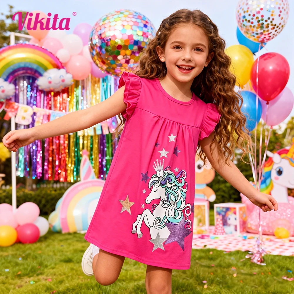 VIKITA niñas manga acampanada verano algodón Casual vestido recto niños brillante plata Licorne estrella Rosa princesa Vestidos 3-12 años