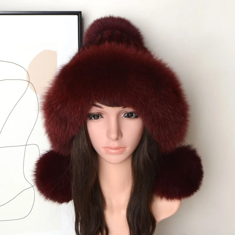 Fashionable warm ear-protecting water-fleece hat women's fur woven woolen three-ball cold-proof cycling