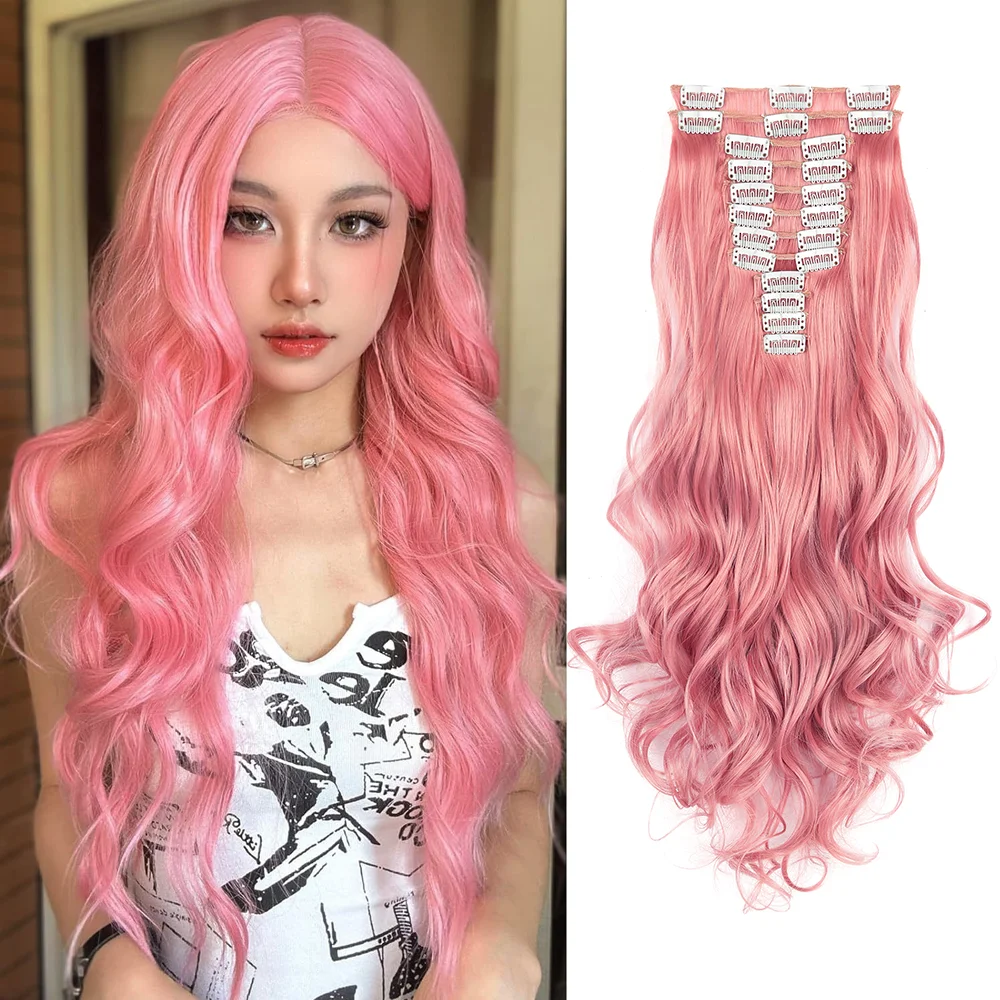 Pink Hair Extensions 12Pcs Clip in Hair Extensions 22 Inches Long Curly Hair Extensions Clip ins Soft Synthetic Hair Extensions
