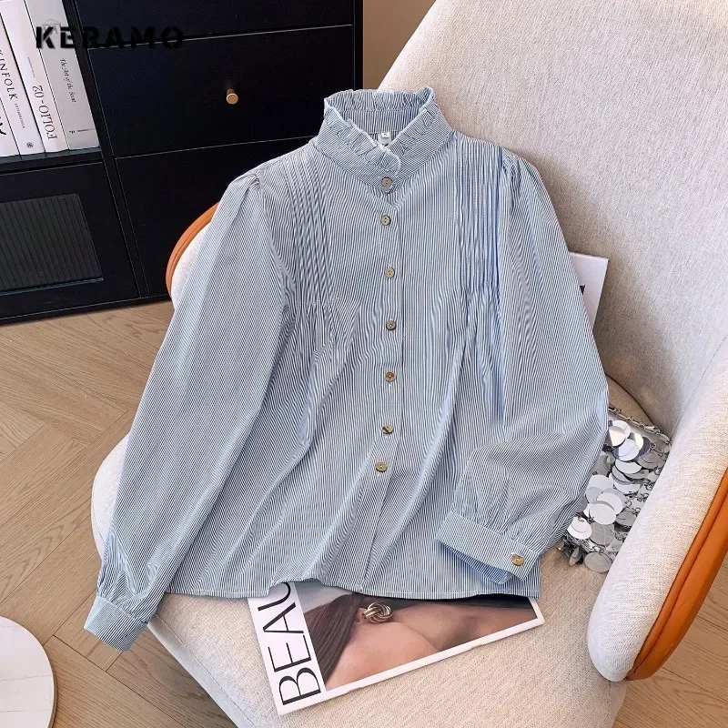 2024 Summer Casual Style Striped Single Breasted Loose Fit Blouses Korean Women\'s Chic Turn-down Collar Long Sleeve Shirts