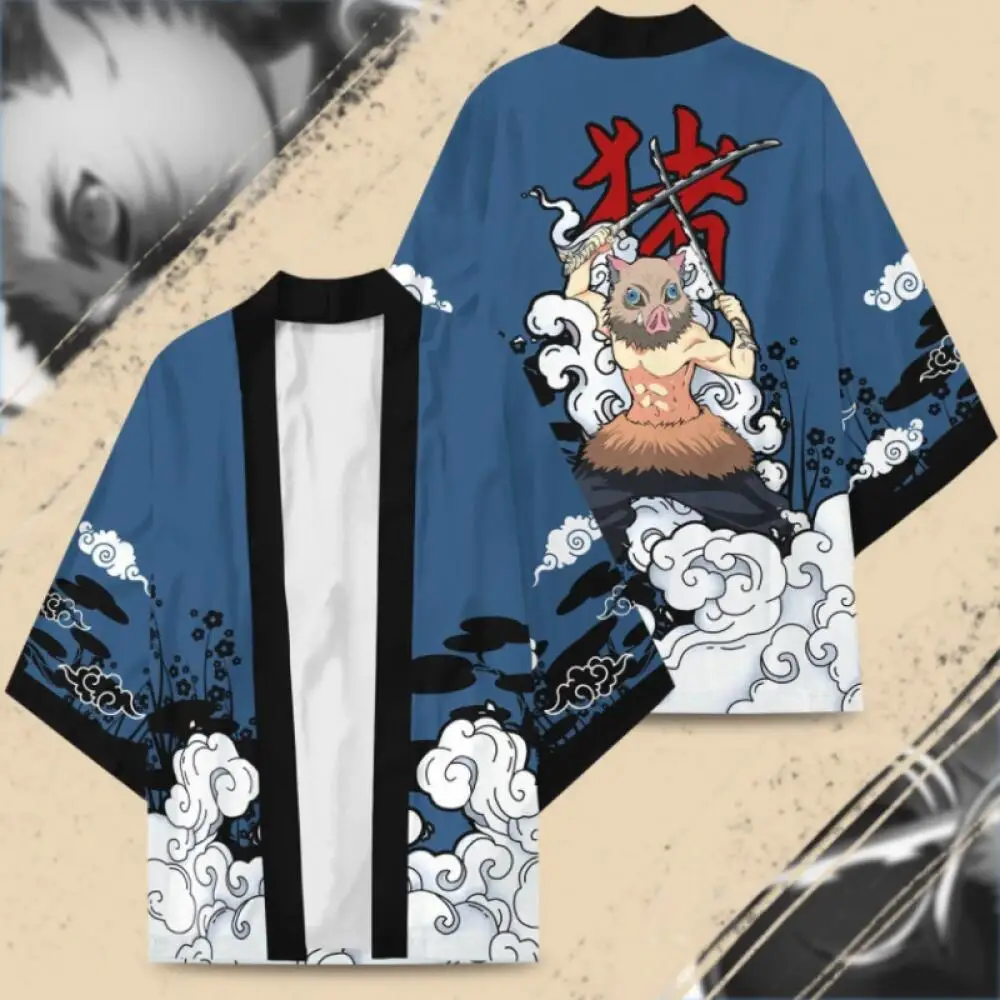 Verano hombres Anime japonés Kamado Tanjirou estampado 3D Yukata Haori chaqueta mujeres Japón Kamado Nezuko Cosplay traje tradicional