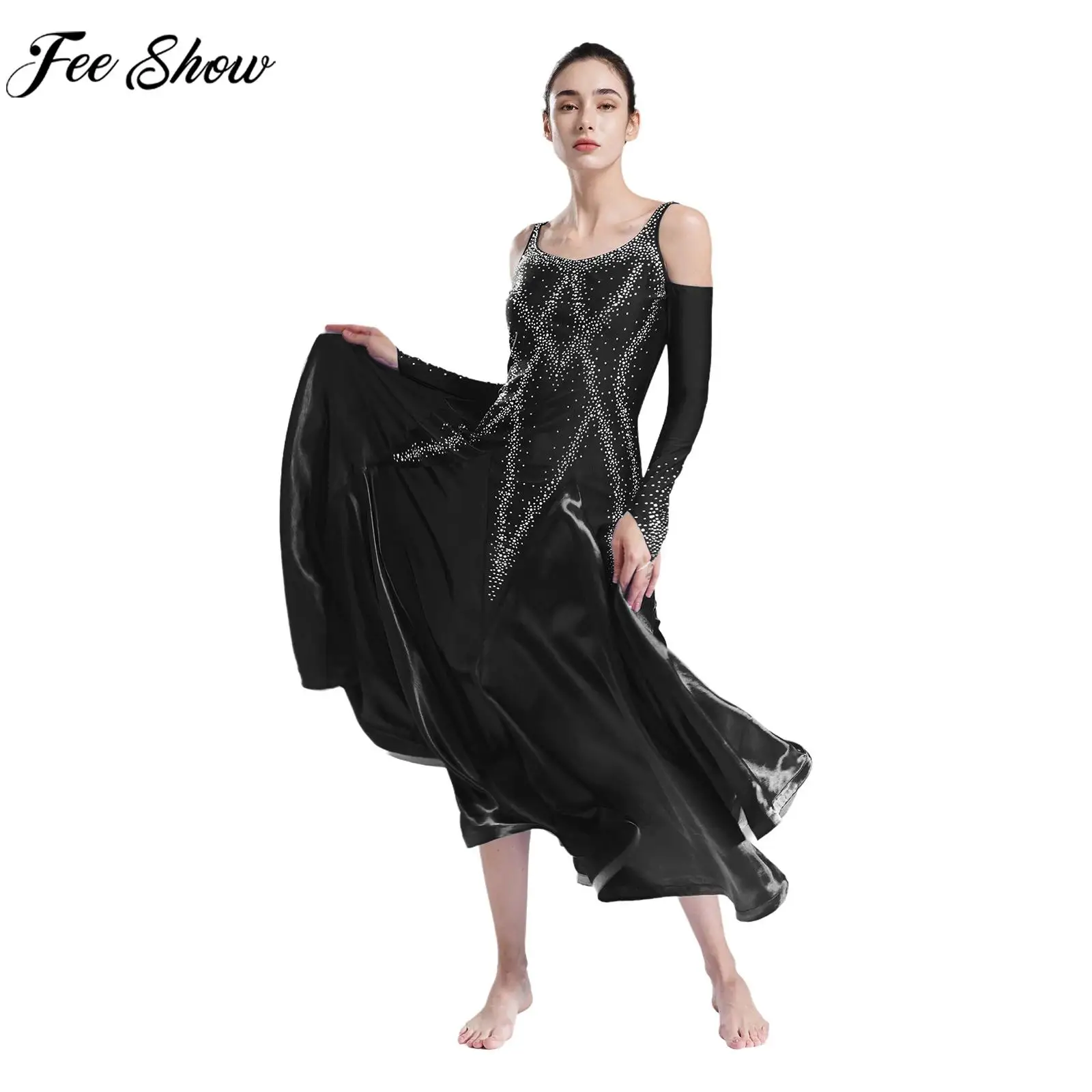 Women Ballroom Lyrical Dance Dress Cold Shoulder Backless Rhinestones Wide Hem Dresses for Modern Dancing Waltz Performance