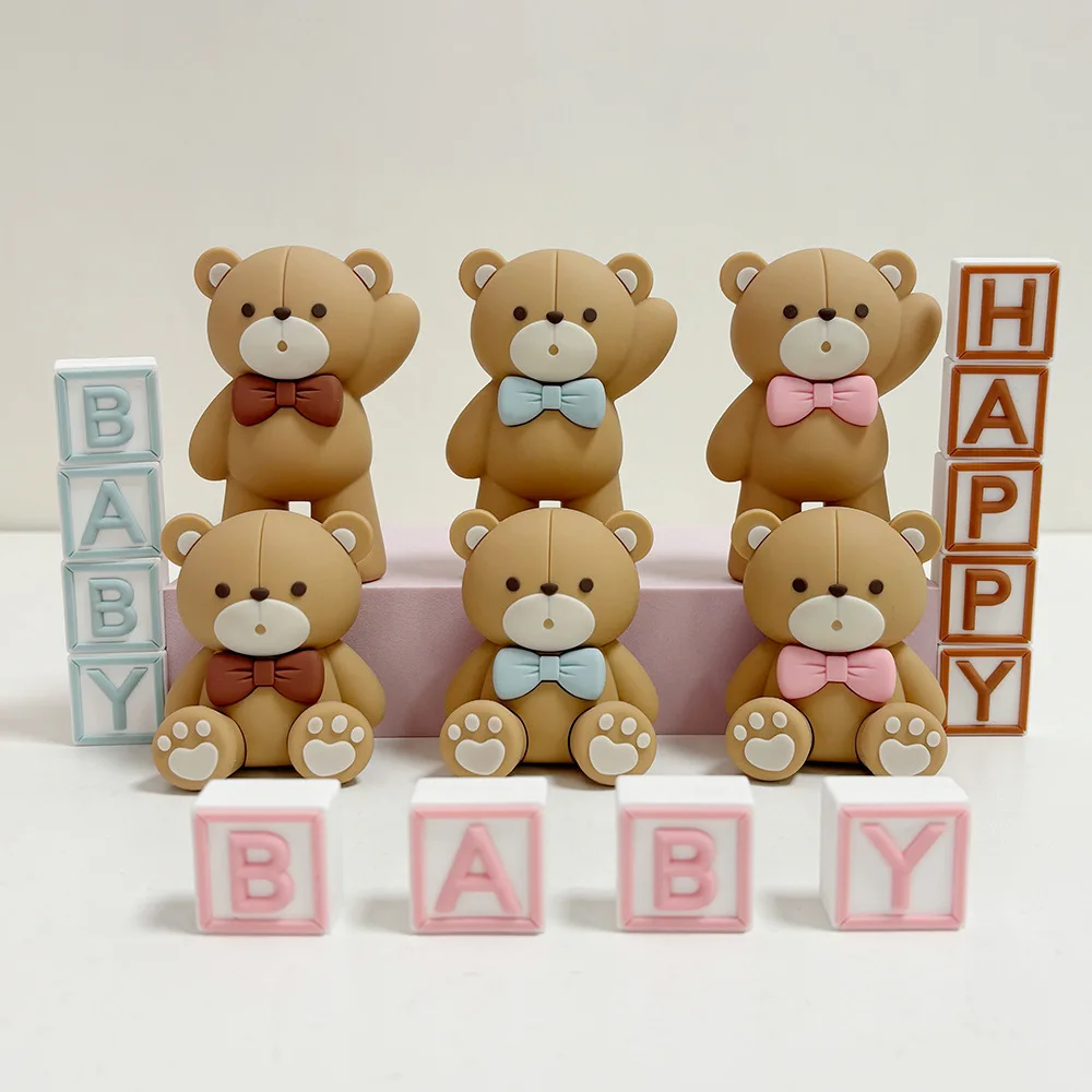 Baby Bear Cake Topper Cakecup Toppers Mini Bear Cake Decor for Birthday Baby Shower Baby Boy Party Decoration Blue Brown Pink