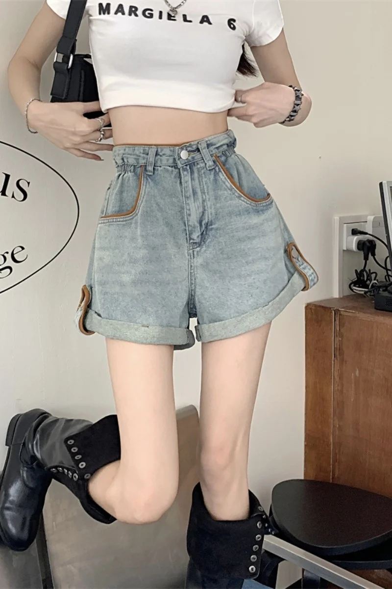 Curled Denim Women's Summer Casual High Waisted Blue Wide Leg Pants Loose Straight A-line Shorts Hot Pants