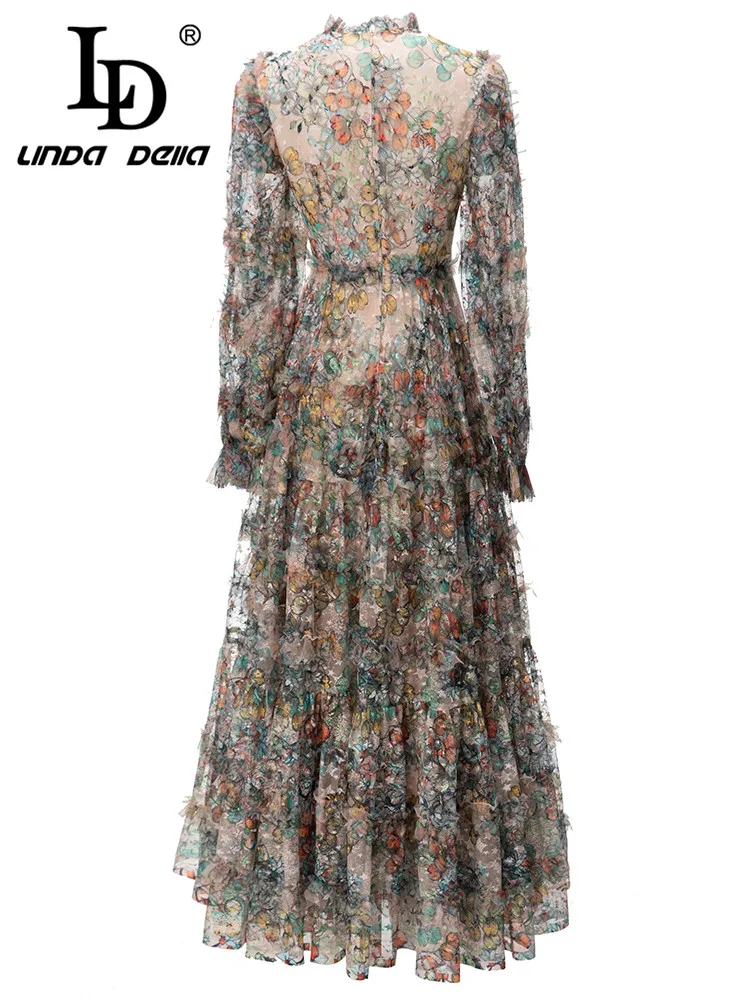 LD LINDA DELLA Autumn and winter New Style Extravagant Dress Women's Cascading Ruffle Round Neck Print Lace Splice Long Dress