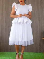 AOMEI Women's Fashion O-neck White Mesh A Line Dresses Peplum Ruffles Sexy 2024 Short Sleeve Splicing Wedding Guest Gowns New