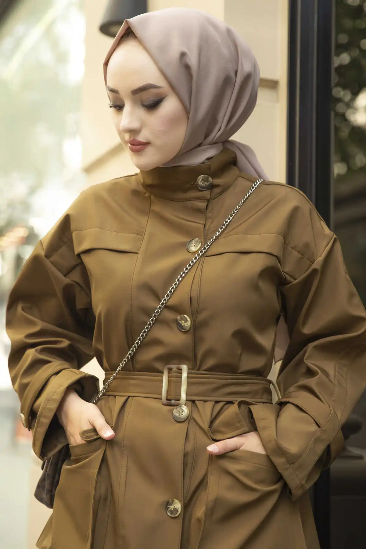 Pocket Detail Hijab Trench Coat Coffee Winter Autumn 2021 Muslim Women Hijab headscarf Islamic Turkey