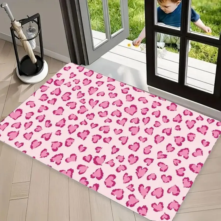 VIKAMA Pink Leopard Print Faux Fur Cheetah Area Rug Non-slip Washable Front Door Doormat