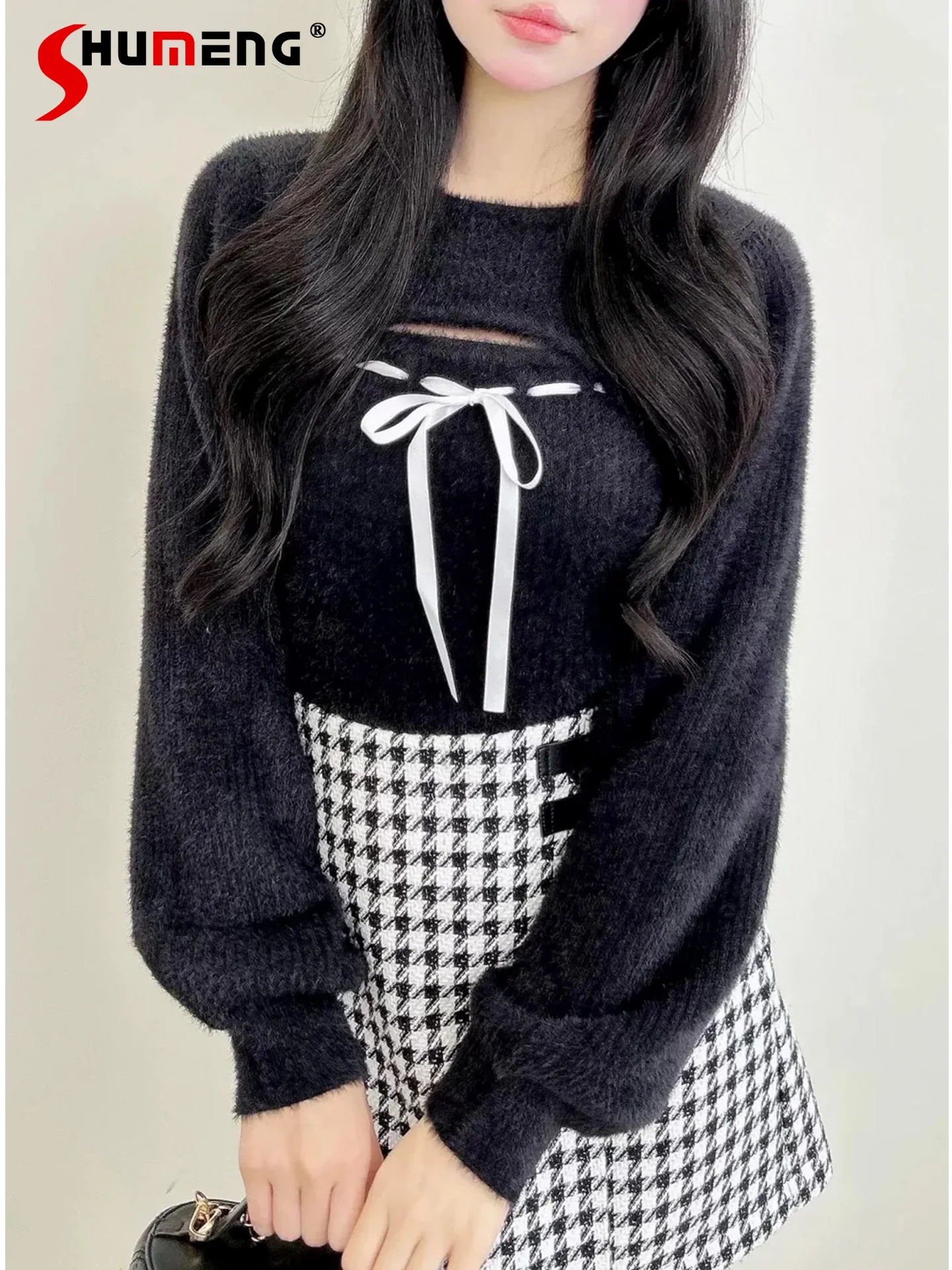 

Japanese Style Elegant Sweet Lace-Up Bow Hollow Round Neck Long Sleeve Versatile Knitted Pullovers Sweater for Women Autumn Tops