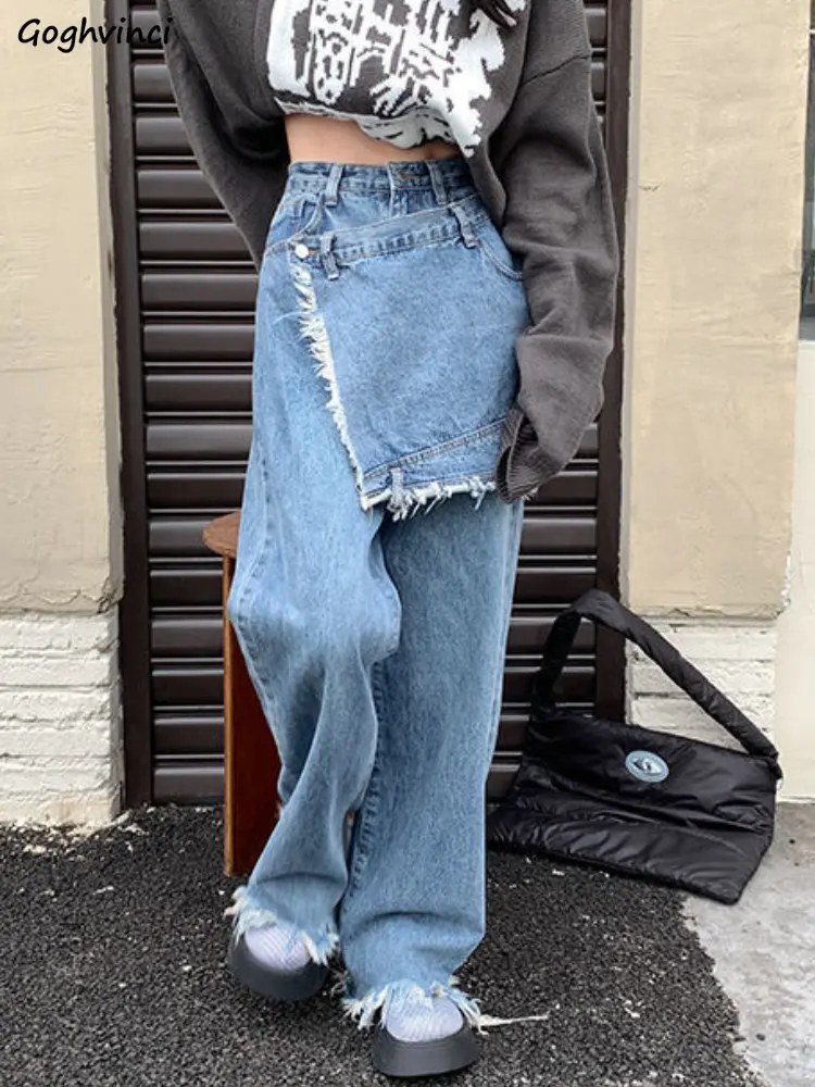 S-5XL Jeans Women Baggy Patchwork Hipster Chic High Street 2022 Fashion Vintage Ulzzang Wide Leg All-match Casual College Girls