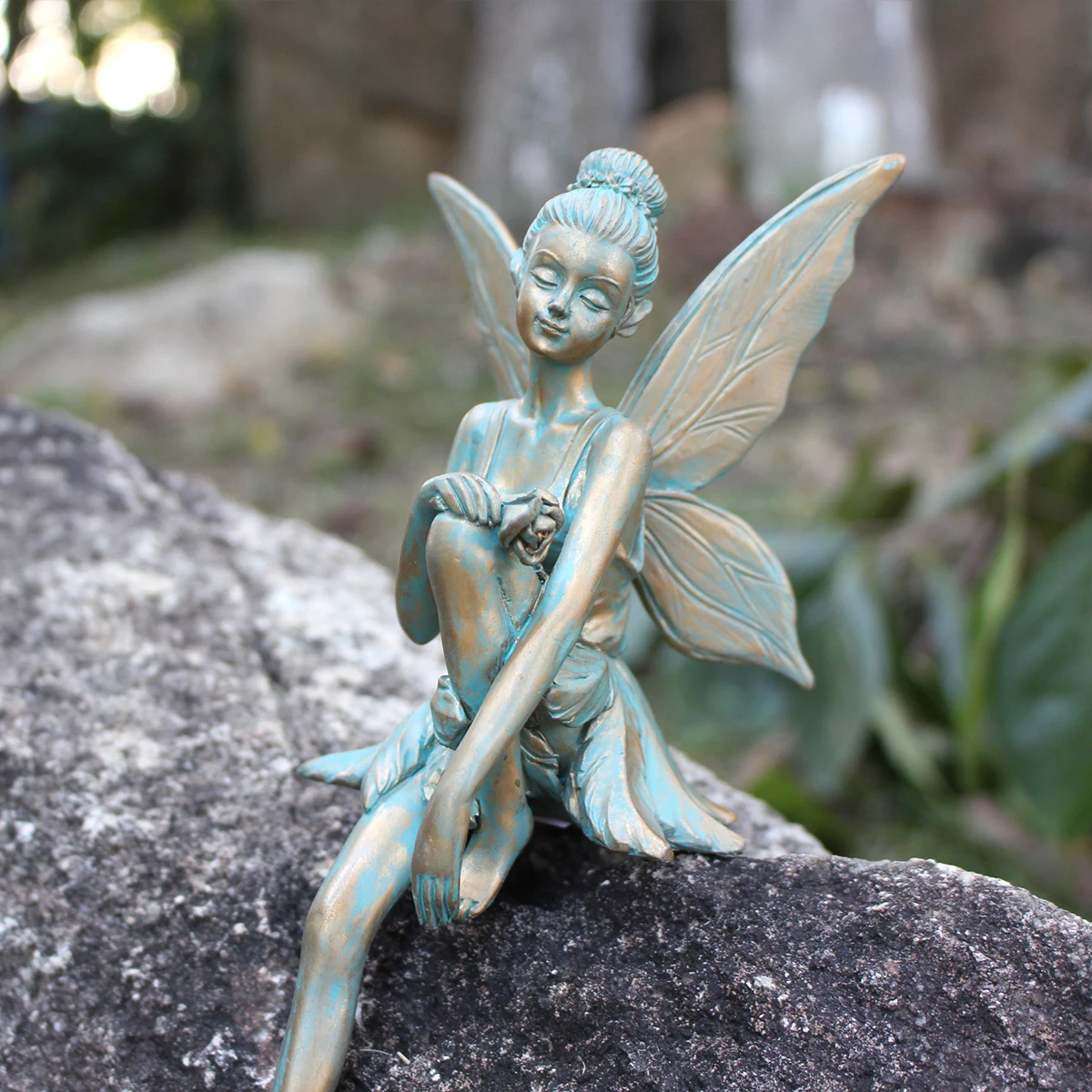 1 قطعة تمثال راتينج الجنية على شكل زهرة برونزية عتيقة ، حلي زخرفية لغرفة المعيشة الداخلية والحديقة الخارجية