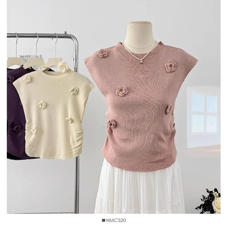 Three-dimensional Flower Sleeveless Knitted T-shirt for Women in Summer 2025 New Pleated Waist-hugging Slim Top