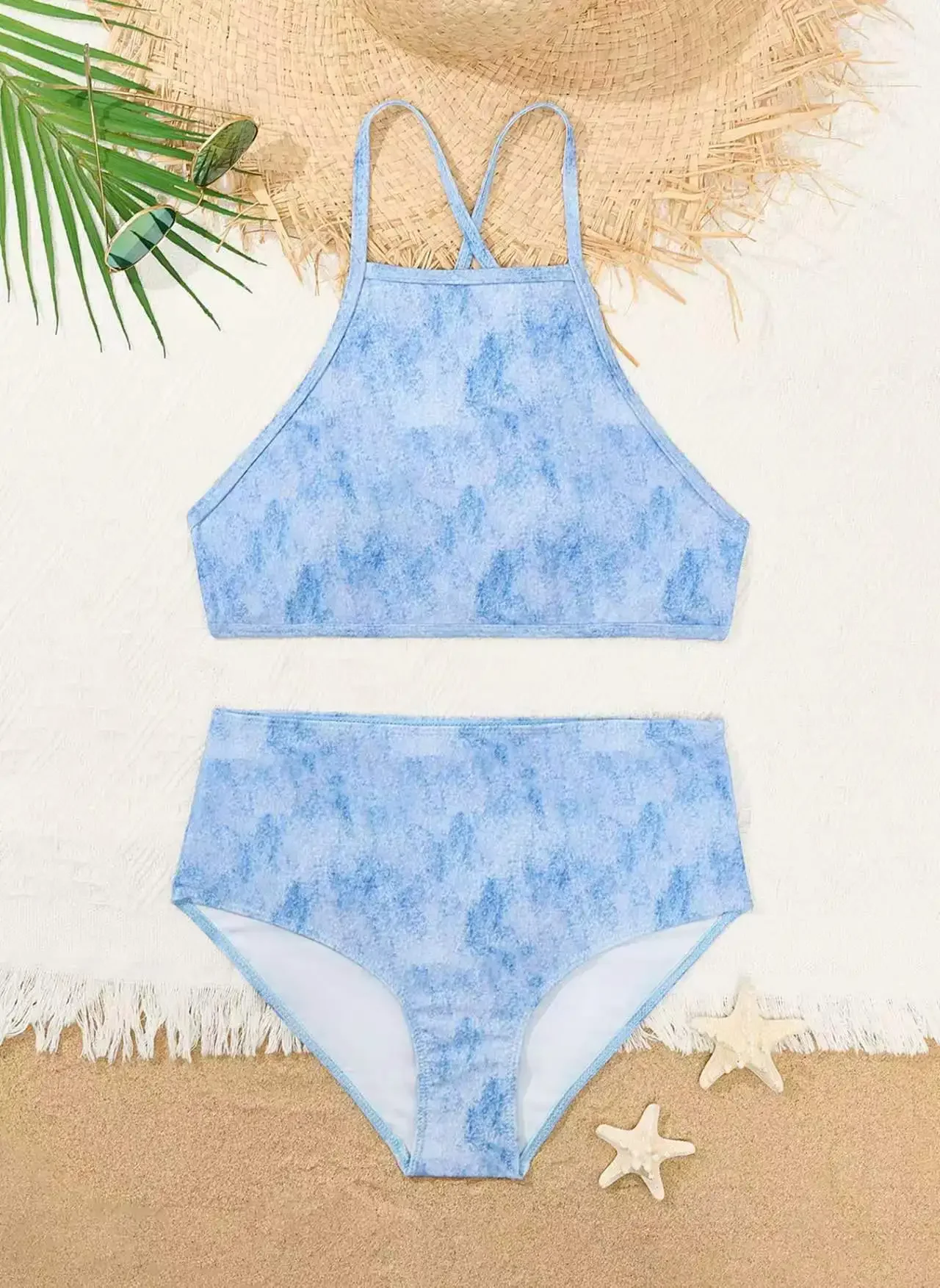 

Tie Dye Синий Бикини с высокой талией 2024 Новый женский сексуальный купальник из двух предметов с высоким воротом Купальники женский купальный костюм Летняя пляжная одежда